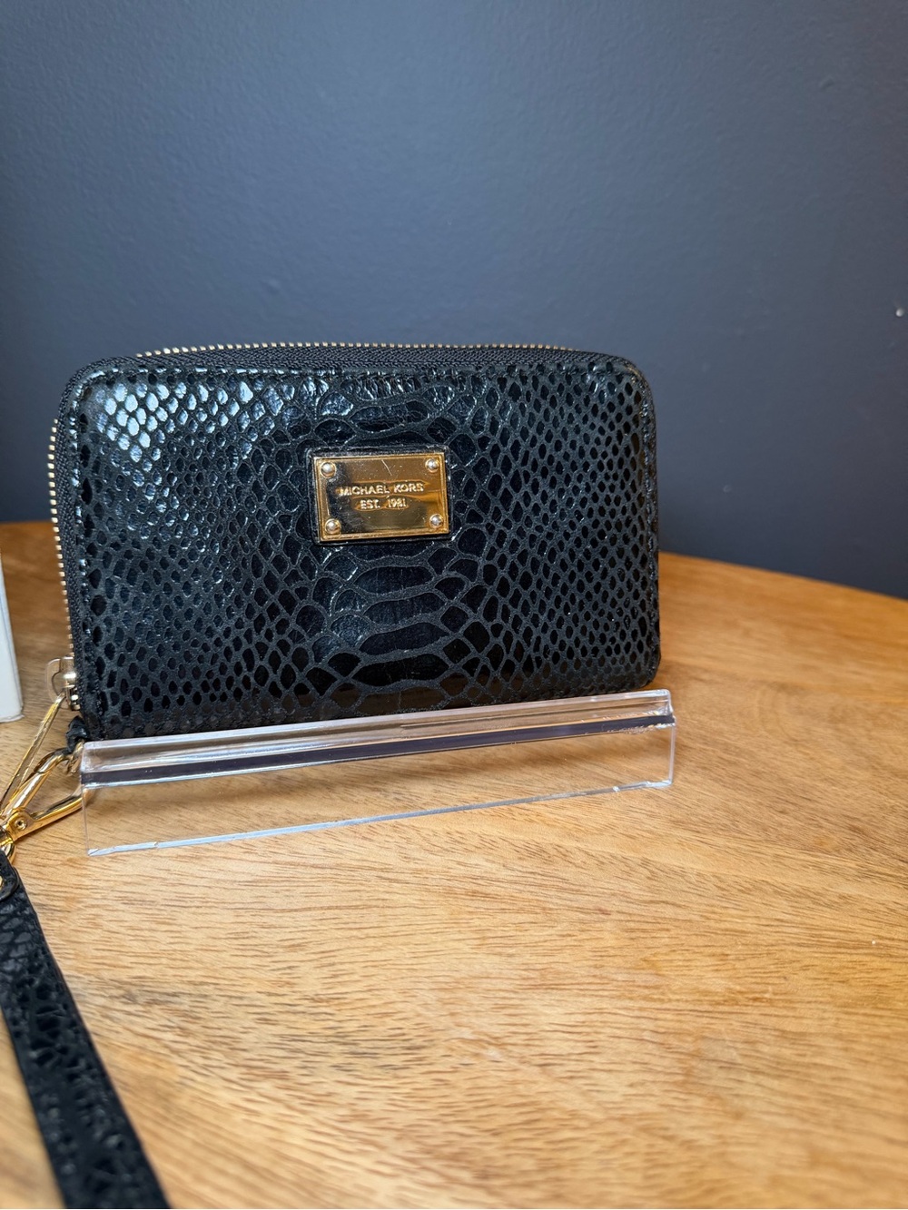Michael Kors Black Embossed Snake-Print Zip Wristlet Wallet with Gold Plate
